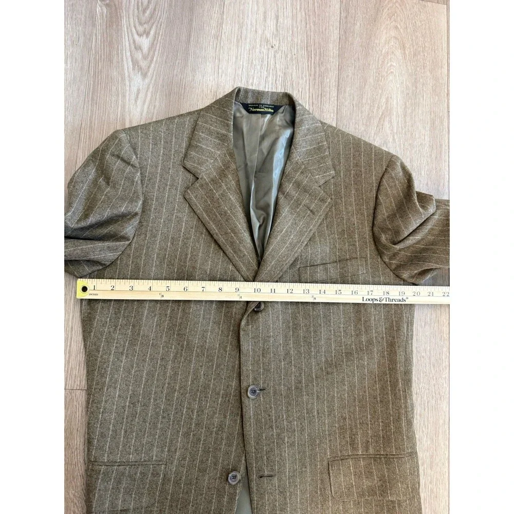 Vintage Norman Hilton 2 Piece Suit 38R 30x29 Olive Pin Stripe Wool Blazer 70s